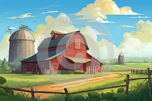 farmland with a barn, silo, and farmhouse featuring gabled entry, magazine style illustration