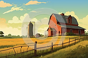 farmland with a barn, silo, and farmhouse featuring gabled entry, magazine style illustration