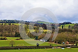 Farmland and football pitch in February, in Ashbourne, in Derbyshire.