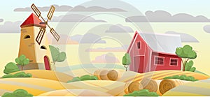Farmland. Garden and rolling hills. Rural farm landscape with windmill and barn. Evening sky. Cute funny cartoon design