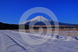 Farmland of Oshino Village snowy blue sky and Mt.Fuji Japan