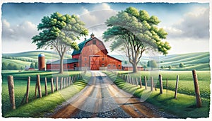 Farmland Scene Watercolor Painting Pastel Colored Springtime Barn Country AI Generate