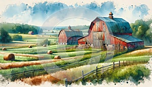 Farmland Scene Watercolor Painting Pastel Colored Springtime Barn Country AI Generate