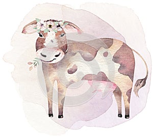 Farms animal isolated set. Cute domestic farm pets watercolor illustration. Cow cartoon drawing.