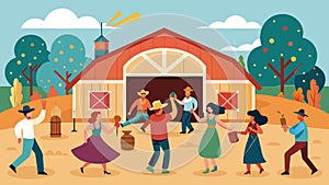 The farms barn doors are swung open revealing a lively dance party complete with country line dancing and upbeat music