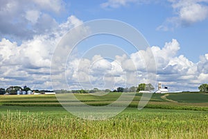 Farms and fields of corn and soybeans on sunny day with clouds during late summer in the midwest