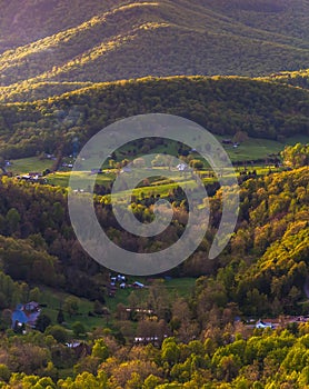 Farms and houses in the Shenandoah Valley, seen from Skyline Drive in Shenandoah National Park, Virginia.