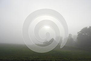 Farmstead visible through foggy morning sunlight