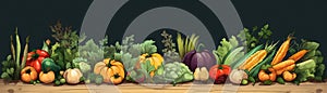 Farmtotable Concept Illustration With Farmfresh Vegetables And Rustic Wooden Table Illustration. Panoramic Banner. Generative AI