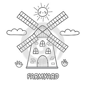 Farmyard black and white print with a mill in cartoon style. Farm background