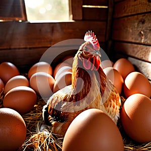 Farmyard free range hen laying huge jumbo fresh organic eggs in outdoor farm environment