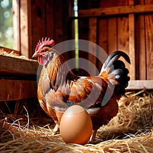 Farmyard free range hen laying huge jumbo fresh organic eggs in outdoor farm environment