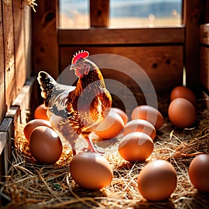 Farmyard free range hen laying huge jumbo fresh organic eggs in outdoor farm environment