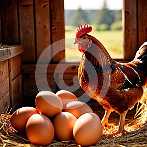 Farmyard free range hen laying huge jumbo fresh organic eggs in outdoor farm environment