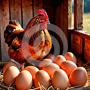 Farmyard free range hen laying huge jumbo fresh organic eggs in outdoor farm environment