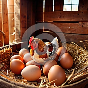 Farmyard free range hen laying huge jumbo fresh organic eggs in outdoor farm environment