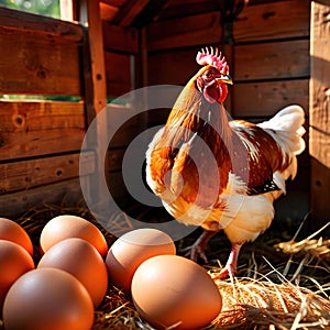 Farmyard free range hen laying huge jumbo fresh organic eggs in outdoor farm environment