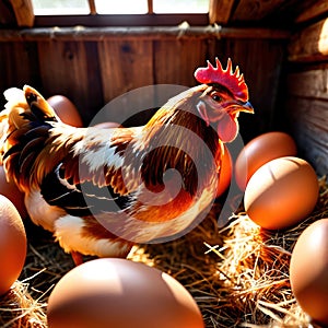 Farmyard free range hen laying huge jumbo fresh organic eggs in outdoor farm environment