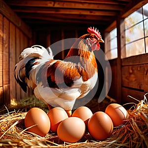 Farmyard free range hen laying huge jumbo fresh organic eggs in outdoor farm environment