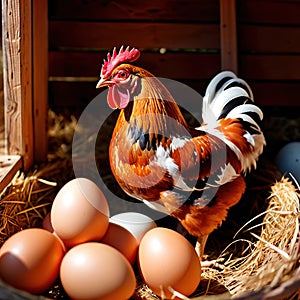 Farmyard free range hen laying huge jumbo fresh organic eggs in outdoor farm environment