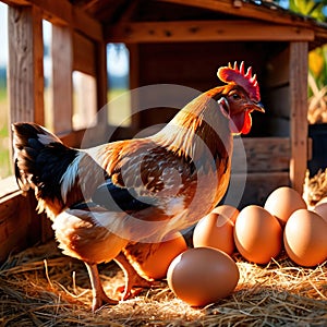 Farmyard free range hen laying huge jumbo fresh organic eggs in outdoor farm environment