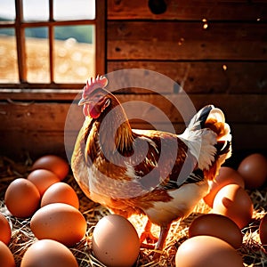 Farmyard free range hen laying huge jumbo fresh organic eggs in outdoor farm environment