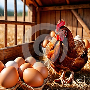 Farmyard free range hen laying huge jumbo fresh organic eggs in outdoor farm environment