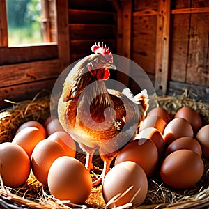 Farmyard free range hen laying huge jumbo fresh organic eggs in outdoor farm environment