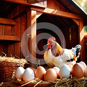 Farmyard free range hen laying huge jumbo fresh organic eggs in outdoor farm environment