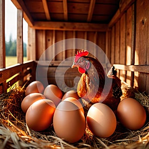 Farmyard free range hen laying huge jumbo fresh organic eggs in outdoor farm environment