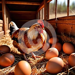 Farmyard free range hen laying huge jumbo fresh organic eggs in outdoor farm environment