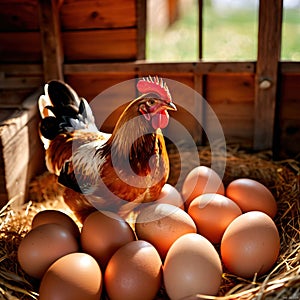 Farmyard free range hen laying huge jumbo fresh organic eggs in outdoor farm environment