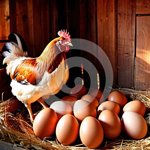 Farmyard free range hen laying huge jumbo fresh organic eggs in outdoor farm environment