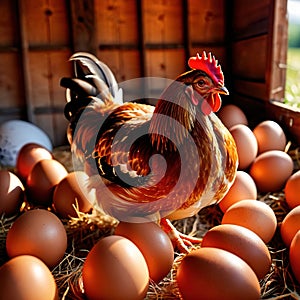 Farmyard free range hen laying huge jumbo fresh organic eggs in outdoor farm environment