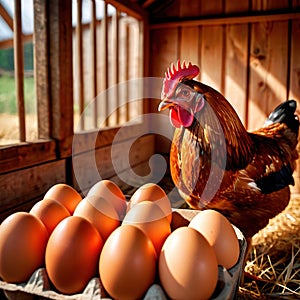 Farmyard free range hen laying huge jumbo fresh organic eggs in outdoor farm environment