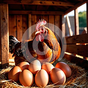 Farmyard free range hen laying huge jumbo fresh organic eggs in outdoor farm environment