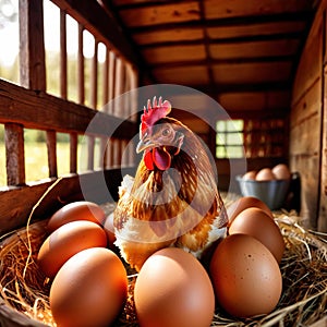 Farmyard free range hen laying huge jumbo fresh organic eggs in outdoor farm environment