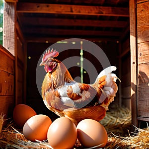 Farmyard free range hen laying huge jumbo fresh organic eggs in outdoor farm environment