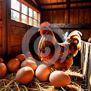 Farmyard free range hen laying huge jumbo fresh organic eggs in outdoor farm environment