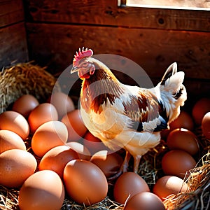 Farmyard free range hen laying huge jumbo fresh organic eggs in outdoor farm environment