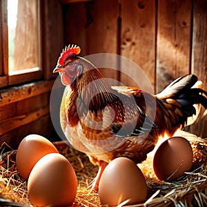 Farmyard free range hen laying huge jumbo fresh organic eggs in outdoor farm environment