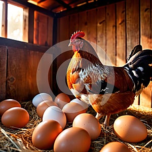 Farmyard free range hen laying huge jumbo fresh organic eggs in outdoor farm environment