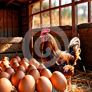 Farmyard free range hen laying huge jumbo fresh organic eggs in outdoor farm environment