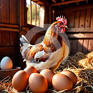 Farmyard free range hen laying huge jumbo fresh organic eggs in outdoor farm environment