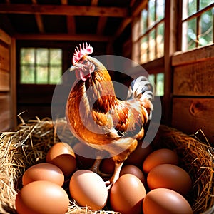 Farmyard free range hen laying huge jumbo fresh organic eggs in outdoor farm environment