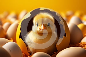 Farmyard joy Hen, chicks, and egg against a bright yellow