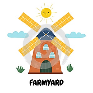 Farmyard print with a mill in cartoon style. Farm background for kid