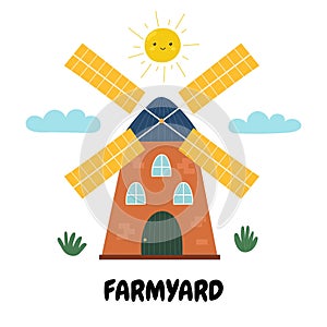 Farmyard print with a mill in cartoon style. Farm background for kid photo