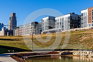 Farnam Street apartments at the edge of Heartland of America Park Omaha Nebraska USA.