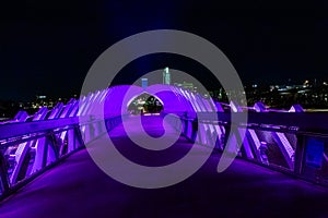 The Farnam Street Pier at night Heartland of America Park at the Riverfront Omaha Nebraska USA.